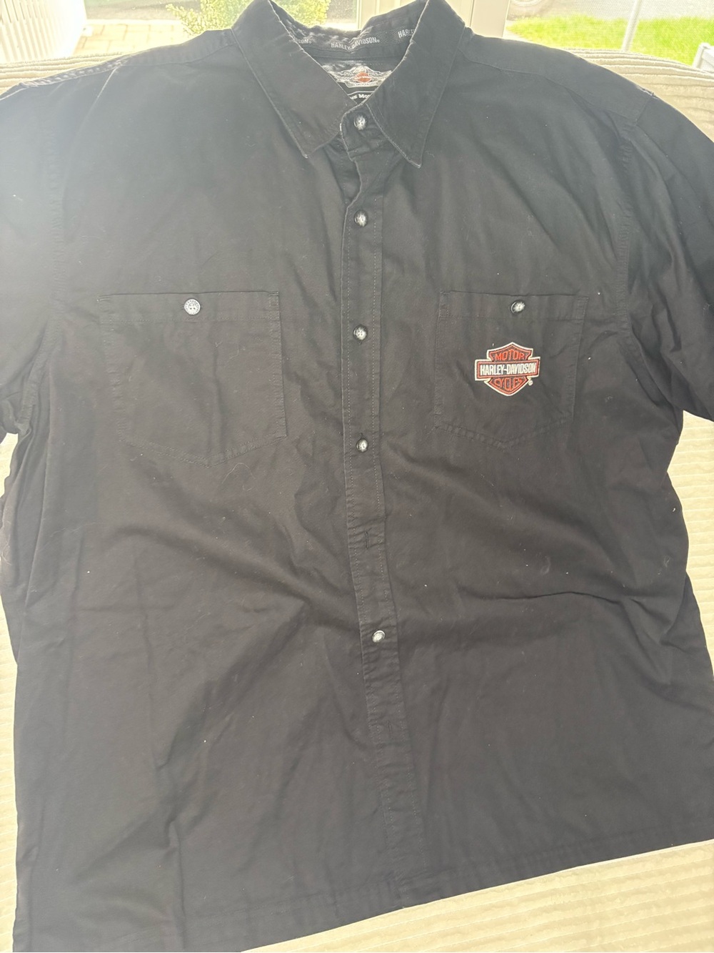 Harley Davidson Shirt Mens 2XL Black Bar Shield Flame Logo Button Up Garage